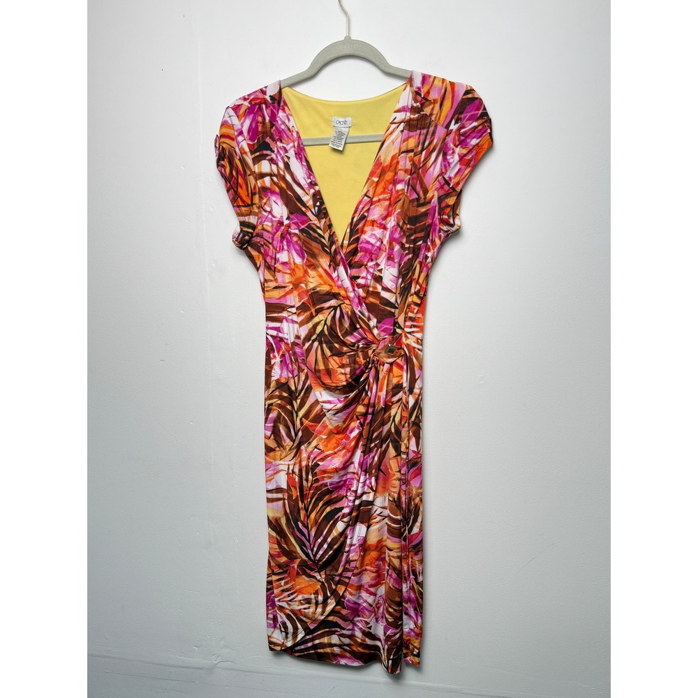 Cache Womens Tropical‎ Palm Floral Faux Wrap Sheath Dress Pink Orange Size L